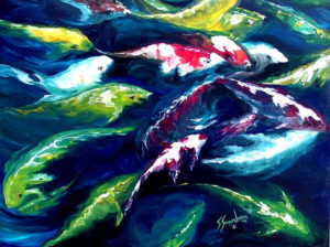 A painting of nishikigoi fish swimming
